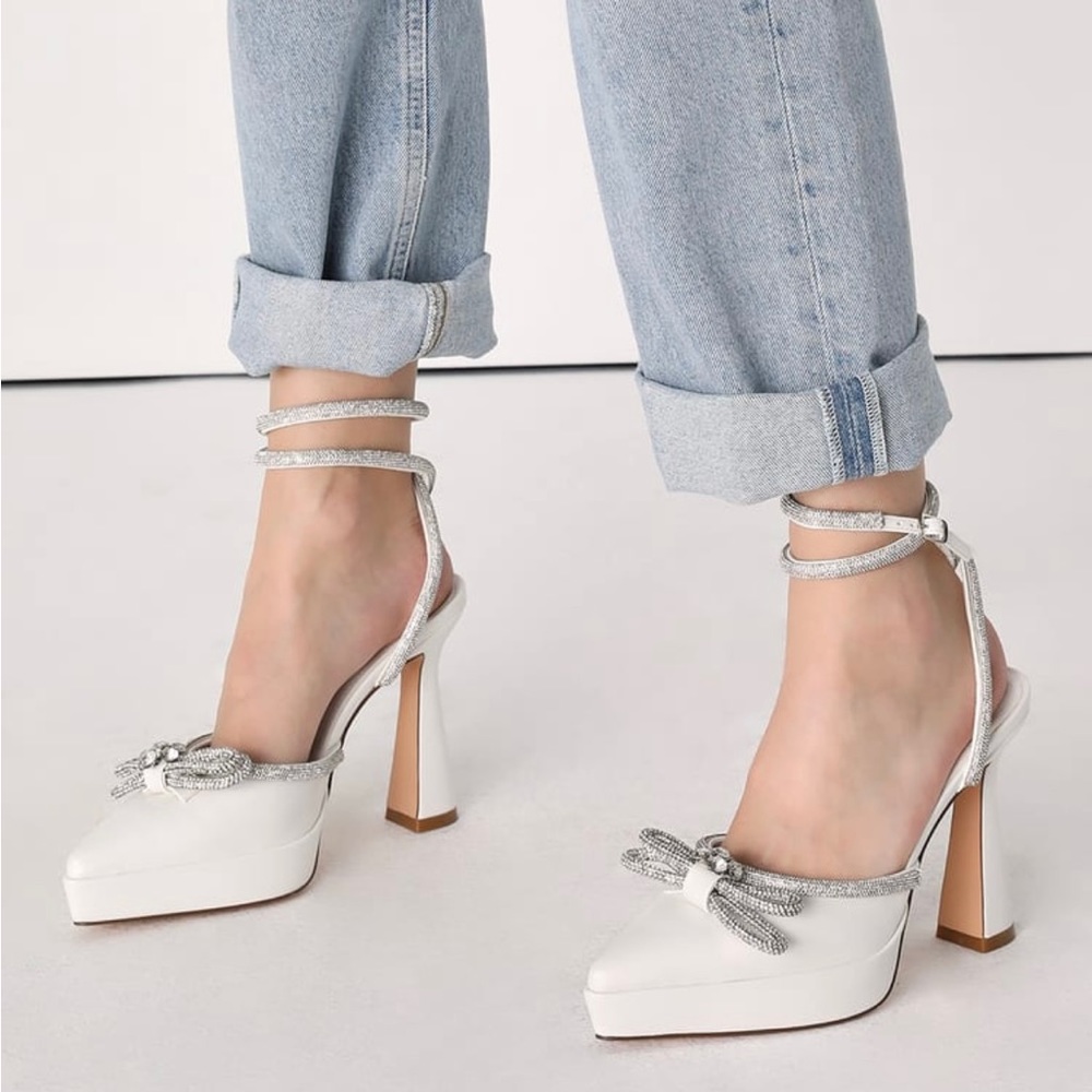 Lullie Ivory Rhinestone Platform Pointed-Toe Pumps with Box